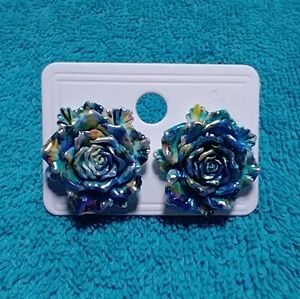 Pierced post rose flower floral earrings blue colorful multicolor